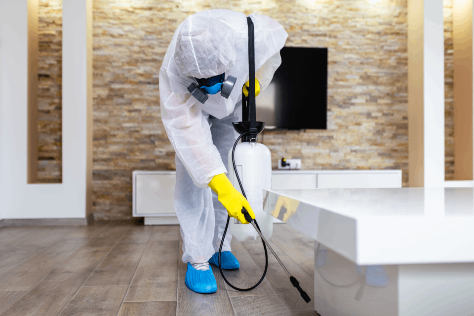 Técnico en traje aislante de seguridad fumigando el interior de una vivienda